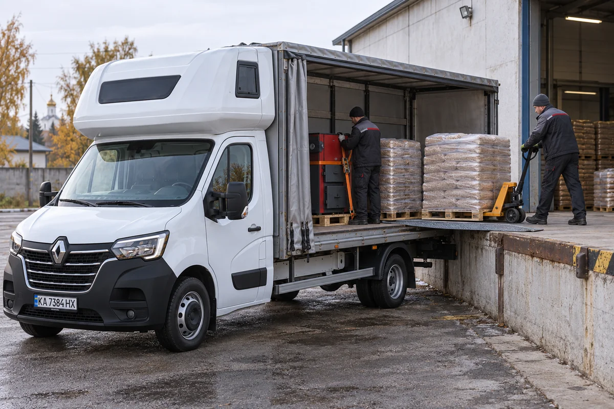 Розвантаження котла та палет з пелетами з Renault Master зі спальником