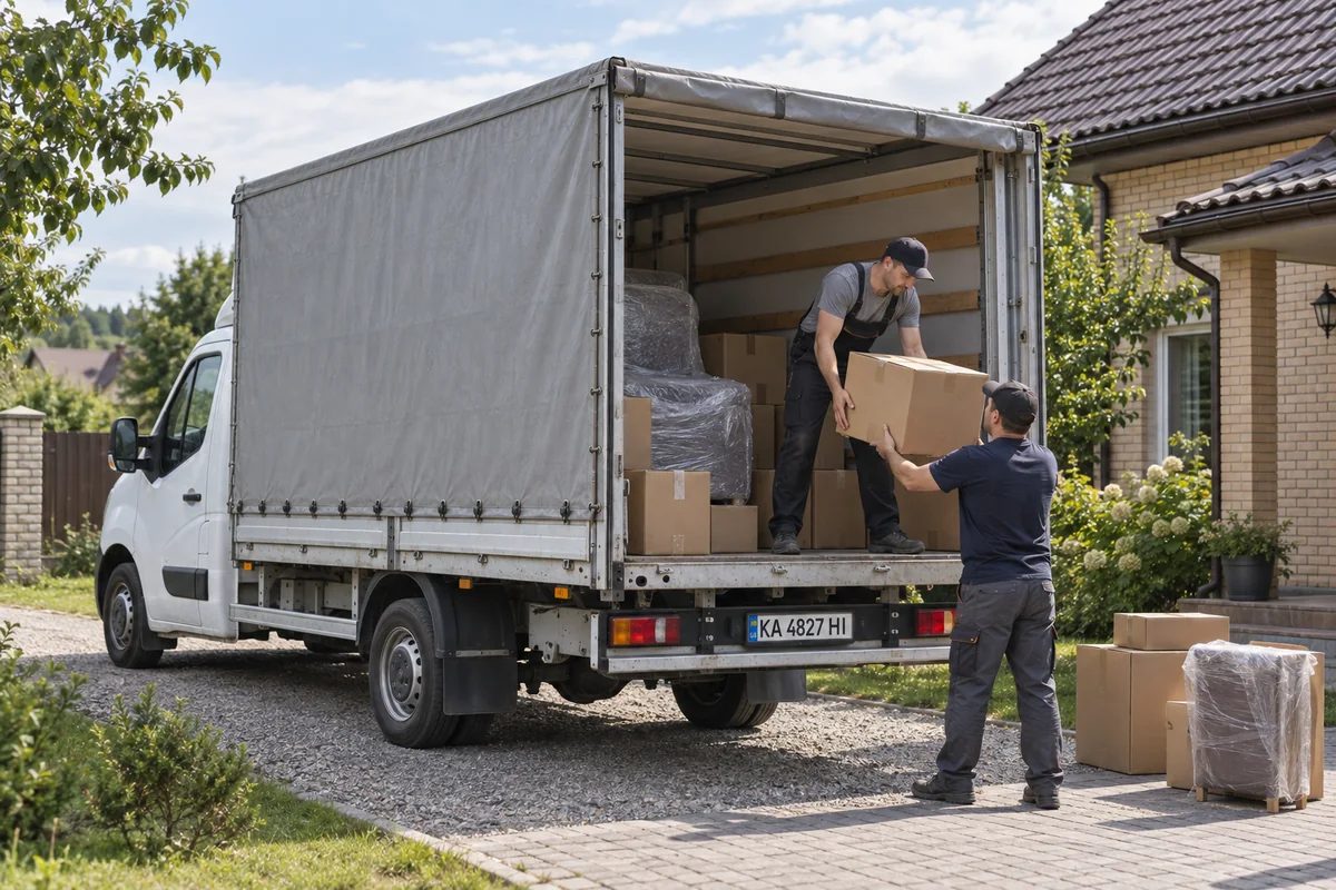 Вантажники розвантажують тентований Renault Master біля будинку на Рівненщині